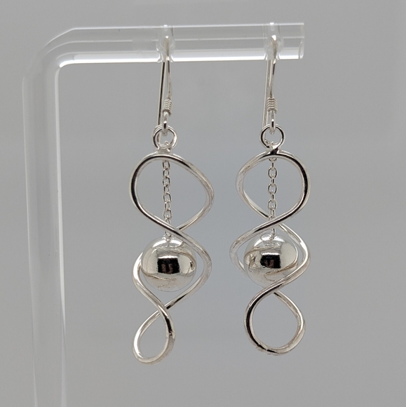 Sterling Silver Spiral & Dangling Sphere Earrings - Picture 3 of 7
